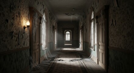 Obraz premium Eerie Hallway - Abandoned Asylum Interior with Light and Shadow.