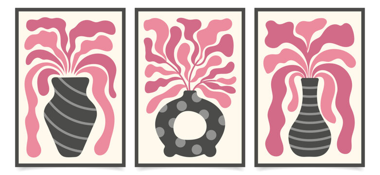 A set of postcards with floral motifs. Contemporary tapestries with flowers and plants. 