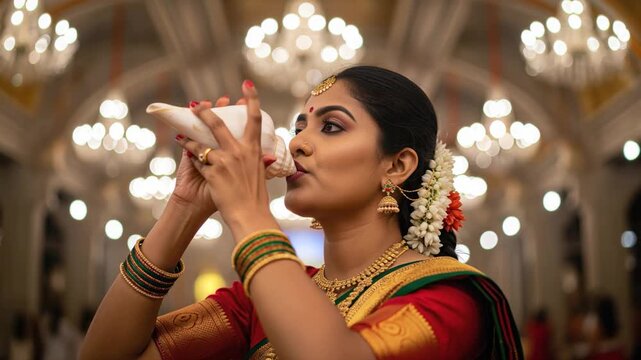 woman playing shankh or shell in hinduism 