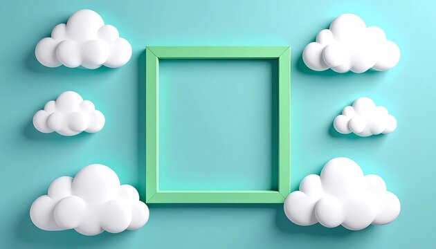 A mint green frame sits centered on a robin's egg blue background surrounded by fluffy, white, 3D-rendered clouds