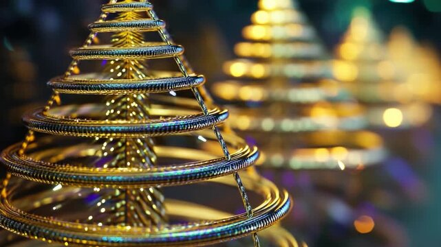 A unique and luxurious Christmas decoration featuring a tree constructed from gold rings