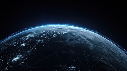 Blue Tech Network Earth: Night View and Digital Connection Scene