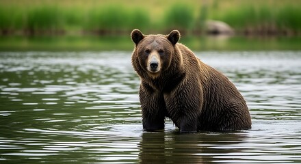 Grizzly Bear Standing in Water Looking at the Camera.
