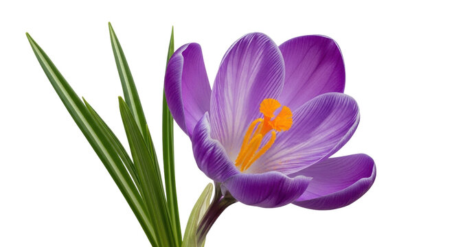Isolated purple Crocus flower with green striped leaves in spring, close-up shot, macro view