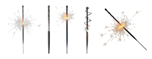 Sparkler set including unlit, burning, and burnt-out stages isolated. Festive celebration and event elements.
