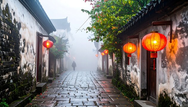 A misty cobblestone street in an Asian village, lined with aged buildings and illuminated by glowing lanterns. A person walks in the distance