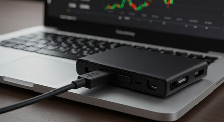 Modern tech setup featuring a portable data hub connected to a laptop for analyzing real-time financial market charts and trading data