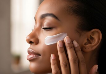 Woman Applying Moisturizer to Face for Skincare Routine.