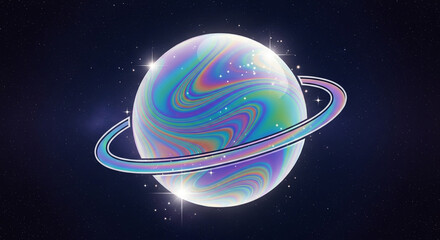 Fantasy planet with rings in space with stars and nebula, a cosmic and dreamy world with iridescent colors and holographic effect