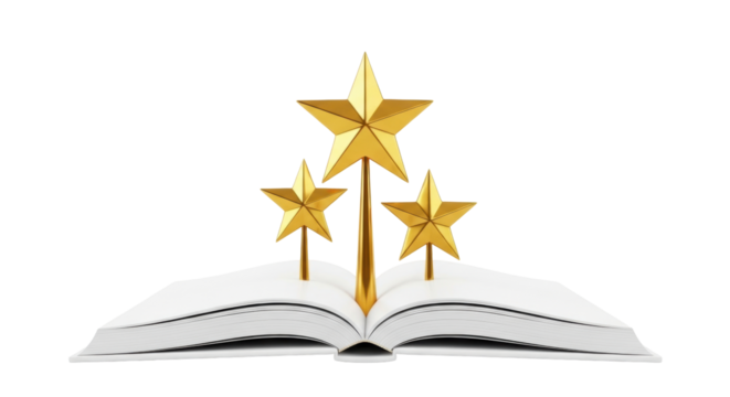 Isolated book with golden stars emerging to represent academic achievement and success
