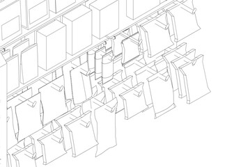 Black and white contour drawing of snack bags hanging neatly on a wall shelf. The organized arrangement suggests a well-stocked pantry or store display.