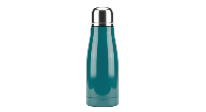 Isolated reusable bottle made of stainless steel in teal blue color, for drinking or beverage