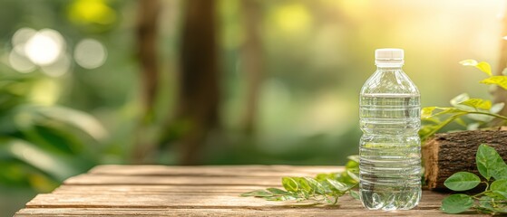 Clear plastic water bottle with cap and label placed on wooden surface outdoors in natural sunlight with green foliage background