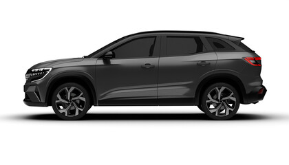 A 3D render of a hybrid grey C-SUV showing its full left side on a transparent background, highlighting sleek design and eco-friendly technology...
