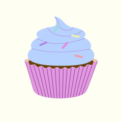 Cupcake with cream frosting and sprinkles. Sweet dessert vector illustration perfect for bakery design, cafe menu, poster, or food packaging.