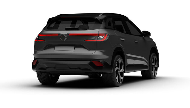 A 3D render of a hybrid grey C-SUV displaying its rear right side on a transparent background, emphasizing sleek lines and eco-friendly design elements - Powered by Adobe