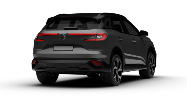 A 3D render of a hybrid grey C-SUV displaying its rear right side on a transparent background, emphasizing sleek lines and eco-friendly design elements