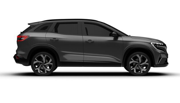 A 3D render of a hybrid grey C-SUV displaying its full right side on a transparent background, showcasing sleek curves and eco-friendly innovation