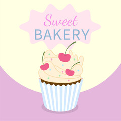 Cupcake with cream and cherries and the inscription 