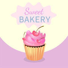 Sweet bakery sign and cupcake with cream and cherries