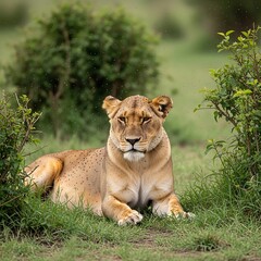 Naklejka premium Lioness Resting in the Grass - A Portrait of Wildlife in Nature.