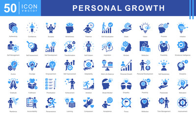 Personal Growth icon set featuring Personal Development, Self Awareness, Discipline, Gratitude, Fulfillment, and Prioritization. Perfect for motivation and self development.