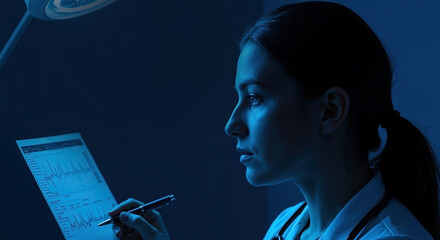 Female doctor examining patient's ECG chart in dark room. Medical professional analyzing heart rhythm data. Healthcare and cardiology concept with copy space