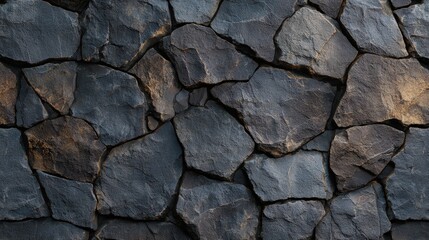Fototapeta premium A textured wall composed of irregularly shaped dark stones, showcasing natural rock formations with varying shades and surfaces.