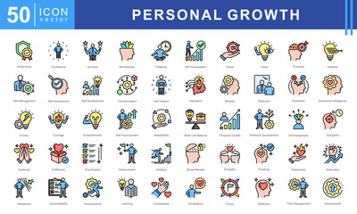 Personal Growth icon set featuring Achievement, Ambition, Broad Minded, Empathy, Positivity, and Passionate. Perfect for motivation and self development.