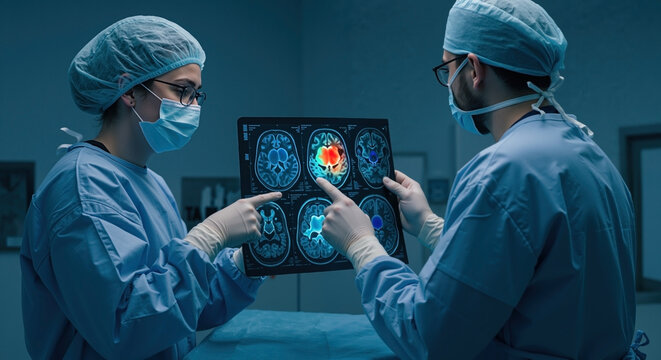 Two surgeons analyzing brain scan in operating room. Doctors discussing patient's MRI results to diagnose tumor. Medical teamwork and advanced neurosurgery concept
