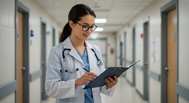 Female doctor writing on medical chart in hospital corridor. Young professional physician at work in modern clinic. Healthcare and medicine concept