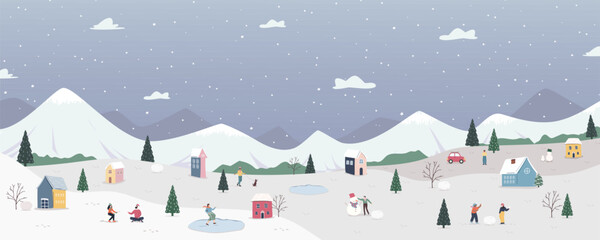 Winter celebration scene depicting fun activities and a snowy village. Vector illustration