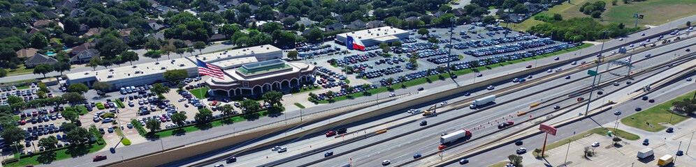 Panorama aerial view commercial zone North Richland Hills, Texas with multilane highway...