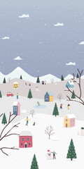 Winter village filled with joyful activities and a snowy charm. Vector illustration
