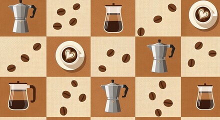 Coffee Time - A Seamless Pattern of Coffee Makers and Beans.