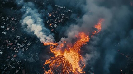 Volcano erupting lava flowing destroying residential houses