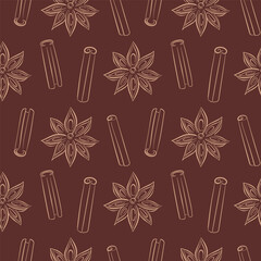 Seamless pattern with cinnamon stick and star anise drawn in line art style on a dark background.