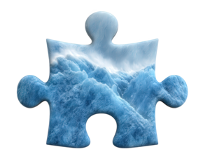 Puzzle piece with ice texture, frozen element, ultra realistic style, blue color, winter theme, cold atmosphere, isolated on transparency background