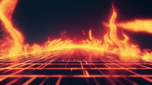 Digital grid emitting fiery particles and glowing energy