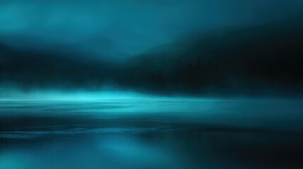 Naklejka premium A serene, misty lake scene under a twilight sky, evoking a mysterious and tranquil atmosphere with dark silhouettes and soft blue hues.