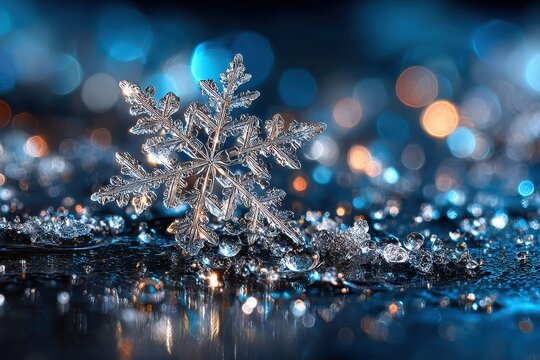 Magnified snowflake on dark surface with water drops - Powered by Adobe