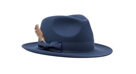 Isolated navy blue fedora hat with feather accessory, elegant vintage male fashion apparel