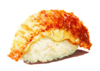
Watercolor hand-drawn single piece of Japanese sushi made from fried cheese, isolated on a white background.

