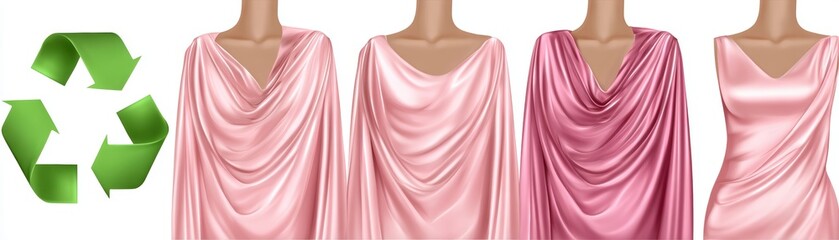 Naklejka premium Elegant pink satin dresses with draped fabric and varied necklines on mannequins for fashion display and clothing showcase