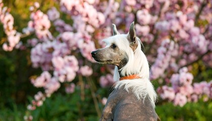A nearly hairless dog with a fluffy mane poses, wearing a collar against a backdrop of pink blossoms in a sunny garden