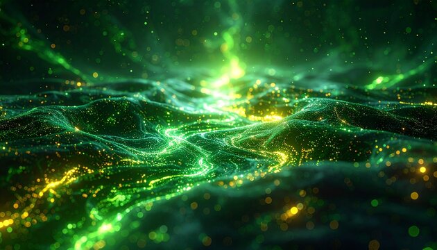 Futuristic digital landscape with glowing green and gold data flow. - Powered by Adobe