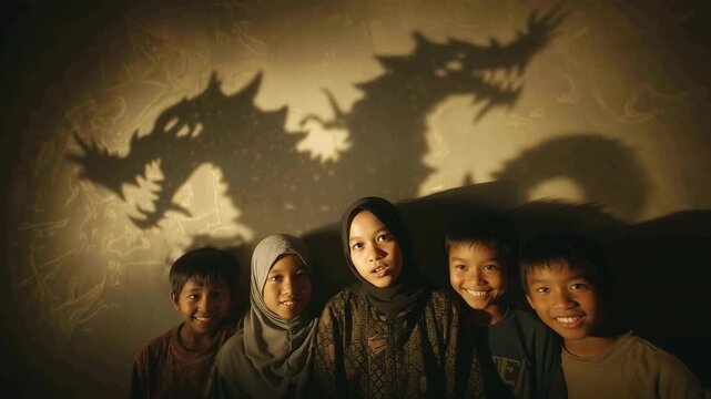 Vibrant Indonesian dormitory scene with children and a woman, showcasing batik dragon patterns in playful shadows