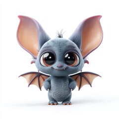 A fluffy cute cartoon bat character with big eyes and large ears standing on a white background