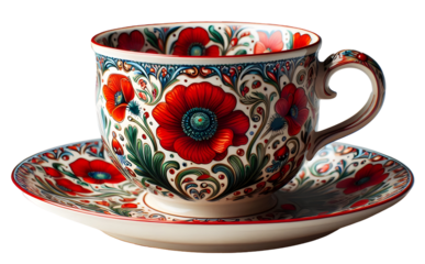 Luxury Ceramic Tea Cup and Saucer Set with Detailed Red Poppy and Foliage Pattern. Richly Hand-Painted Floral Folk Art Tableware