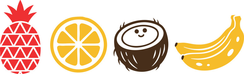 Fruit Silhouette Set: tropical fruit illustration on white background, including pineapple, orange slice, coconut and banana in flat vector style